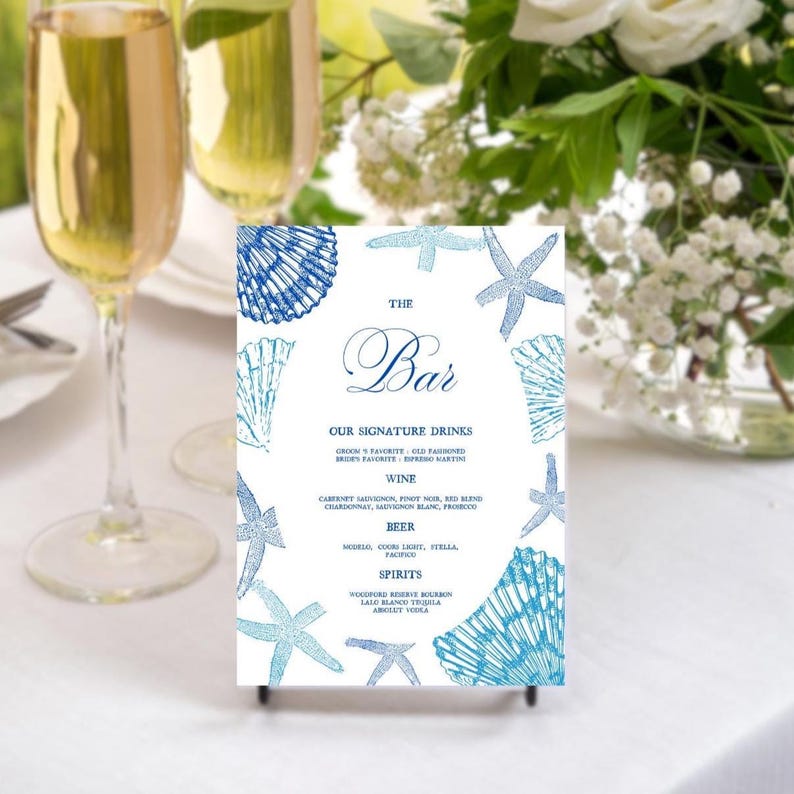 Editable Blue Seashells Bar Menu Canva Template, Custom Beach Wedding ...