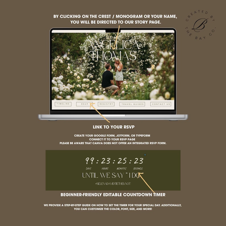 May include: A laptop screen displays a wedding website with the names "Angelica Thomas" and a photo of a couple. Below, a countdown timer shows the time until the wedding. Text includes RSVP instructions and a beginner-friendly countdown timer guide.