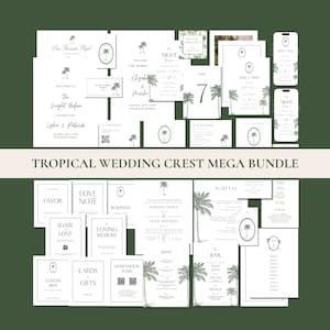 Editable Green Tropical Palm Trees Wedding Bundle Canva Template, Custom Wedding Logo, Printable Minimal Beach Wedding Essentials Bundle, P1