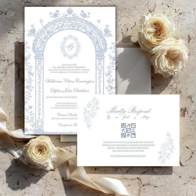 Editable Blue Chateau Core Wedding Invitation Set Canva Template ...
