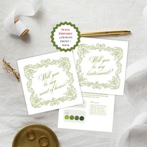 Editable Green Bridesmaid Proposal Info Card Canva Template, Printable Old Money Maid of Honor Invitation Instant Download