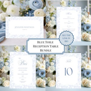 Editable Wedding Reception Bar Drinks Menu Canva Template, Printable Classic Baby Blue Toile Event Liquor Menu, Wine Lists, F1 image 5