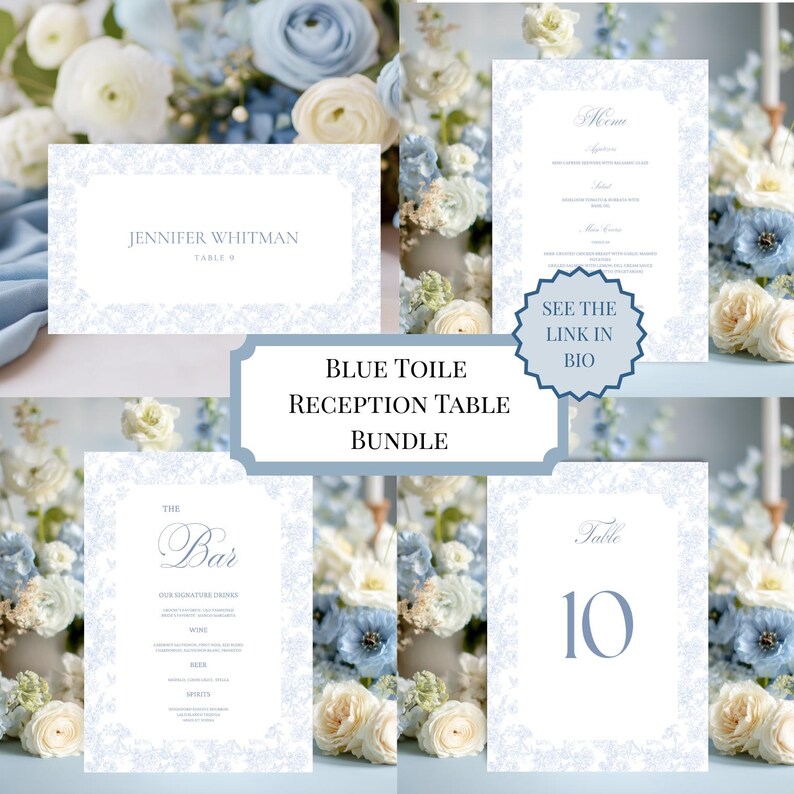 Editable Wedding Reception Bar Drinks Menu Canva Template, Printable Classic Baby Blue Toile Event Liquor Menu, Wine Lists, F1 image 5