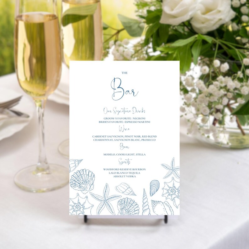 Editable Blue Seashells Bar Menu Canva Template, Printable Beach Event ...