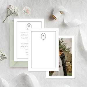 Cartão de agradecimento para casamento com palmeira verde tropical editável, modelo Canva, cartão com logotipo personalizado para casamento na praia em branco para impressão com foto, P1