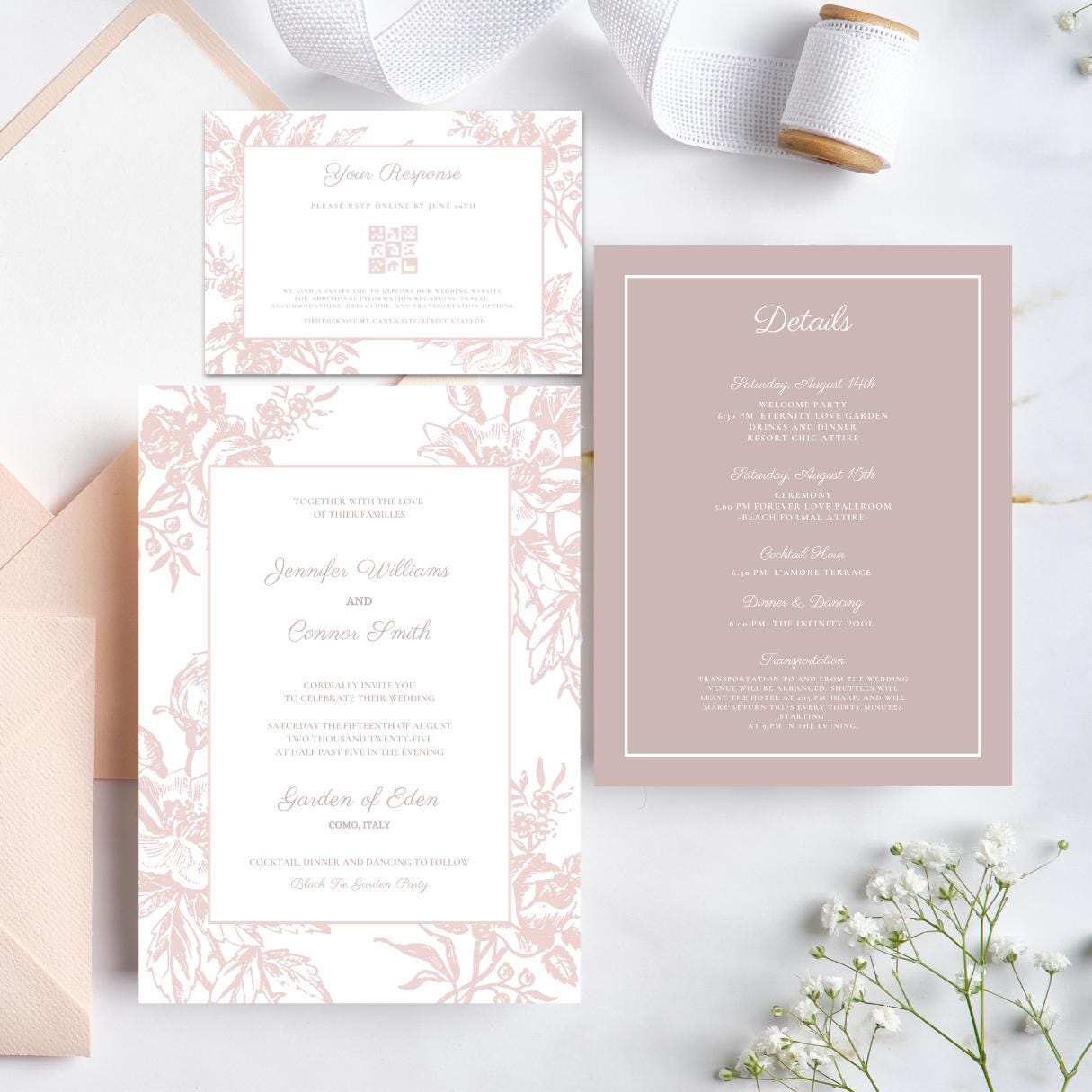 Editable Misty Rose English Regency Wedding Invitation Suite Template, Printable Vintage Pink Floral Toile Wedding Invite Canva Template, F3