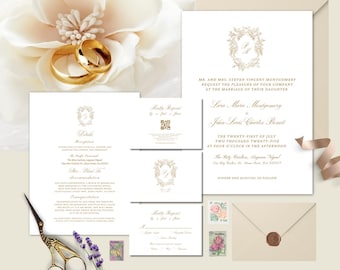 May include: Elegant wedding invitation suite featuring gold rings, stationery, and floral accents. Includes invitation, RSVP, and details cards with gold script and a wax seal. The suite is perfect for a formal wedding.