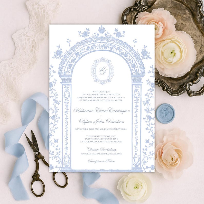 Editable Blue Chateau Core Wedding Invitation Set Canva Template ...