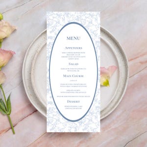 Modèle de toile de menu de réception de mariage floral modifiable en toile bleue, baby shower Régence, menu nuptiale de douche, carte de menu de répétition de mariage, F2