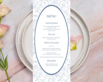 Editable Blue Toile Floral Wedding Reception Menu Canva Template, Regency Baby Shower, Bridal Shower Menu, Wedding Rehearsal Menu Card, F2