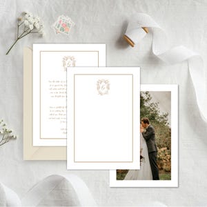 Modèle de carte modifiable monogramme marron écusson mariage, carte de remerciement vierge personnalisée imprimable avec photo, téléchargement immédiat, C1
