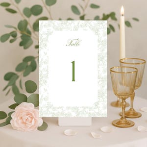 Editable Classic Green Toile Wedding Table Number Canva Template, Custom Table Numbers Card, Printable Minimal Reception Table Numbers, F1