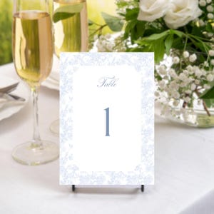 Editable Classic Blue Toile Wedding Table Number Canva Template, Custom Table Numbers Card, Printable Minimal Reception Table Numbers, F1
