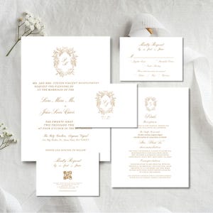 Aufwändige Vintage Crest Monogramm Hochzeit laden Vorlage ein, bearbeitbare elegante Kalligraphie formelle Hochzeitseinladung Set, Script Hochzeit einladen, C1