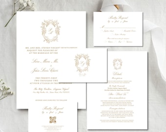 Ornate Vintage Crest Monogram Wedding Invite Template, Editable Elegant Calligraphy Formal Wedding Invitation Set, Script Wedding Invite, C1
