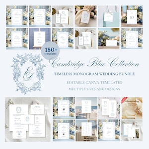 Classic Blue Toile Wedding Mega Bundle Canva Template, Editable Vintage Monogram Crest Wedding Bundle, C1