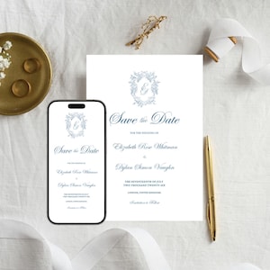 Modello modificabile con stemma di matrimonio "Save the Date" e monogramma, invito elettronico personalizzato per matrimonio in stile classico blu, invito stampabile per matrimonio in stile Regency, C1