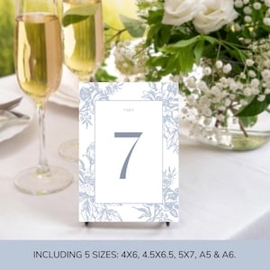 Plantilla de Canva para tarjeta de número de mesa de boda, tarjeta editable con chinoiserie azul, número de mesa de recepción de boda floral imprimible, F3