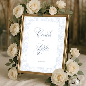 Bewerkbare blauwe toile-kaarten en geschenken bruiloft bewegwijzering canvas sjabloon, afdrukbare chinoiseriereceptie aangepaste borden, direct downloaden