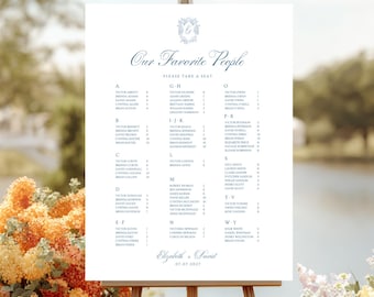 Editable Blue Monogram Crest Wedding Alphabetical Seating Chart Canva Template, Elegant Reception Seat Plan, Custom Wedding Seating Sign, C1