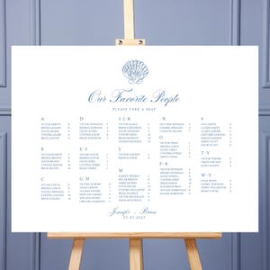 Editable Blue Seashell Beach Wedding Alphabetical Seating Chart Canva Template, Custom Horizontal Coastal Reception Seating Plan Signage, SS