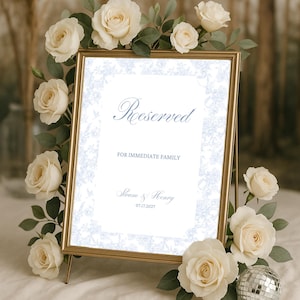 Modèle de toile bleu modifiable de signes de mariage de siège réservé, personnalisé réservé pour la famille signe pour la table, signe de mariage imprimable chinoiseries