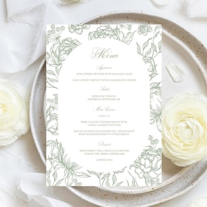 Modèle modifiable de toile de menu de mariage en toile de pivoine vert sauge, menu floral imprimable pour baby shower, shower de bébé, douche nuptiale, répétition, anniversaire, F5