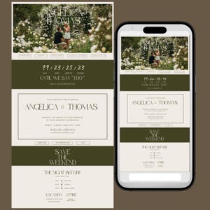 May include: A wedding invitation design displayed on a phone and a larger print. The design features the names "Angelica & Thomas" with event details. The color scheme is primarily cream, olive green, and brown, with a photo of a couple.
