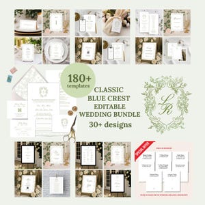 Editable Green Toile Monogram Crest Wedding Mega Bundle Canva Template, Custom Printable Classic Chinoiserie Wedding Essentials Bundle, C1