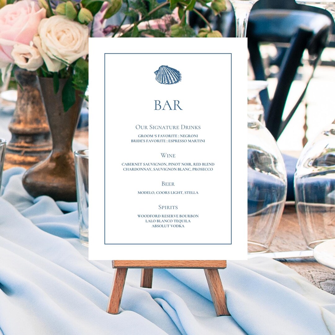 Editable Blue Seashells Bar Menu Canva Template, Custom Beach Wedding ...