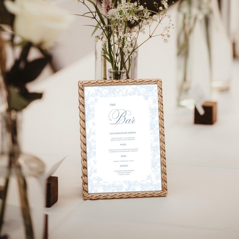 Editable Wedding Reception Bar Menu Canva Template, Printable Blue Toile Drinks Menu for Baby Shower, Bridal Shower, Rehearsal Dinner