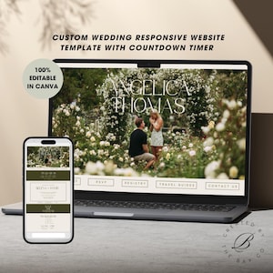 Puede incluir: Un portátil y un smartphone muestran una plantilla de sitio web de boda personalizada. El sitio web presenta una foto de una pareja, con los nombres "Angelica Thomas". El smartphone muestra una versión móvil del sitio web. El texto incluye "100% Editable in Canva."