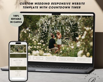 Editable Countdown Timer Responsive Wedding Website Canva Template, Custom Stylish Beige and Sage Green Wedding Webpage