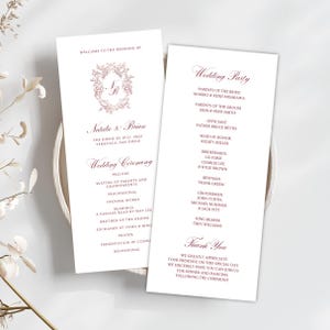 Modèle de toile de programme de mariage écusson bourgogne avec monogramme de calligraphie, cartes de programme modifiables écusson rouge cérémonie de mariage chronologie, C1