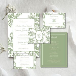 Englisch Regency Sage Grün Hochzeitseinladungs-Vorlage, bedruckbares Blumen Toile Hochzeitseinladungs-Set, Gartenhochzeits-Einladung, F3