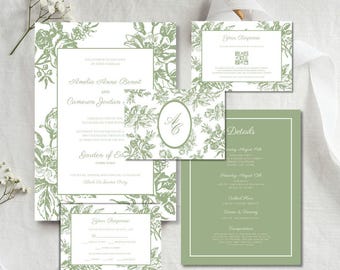 English Regency Sage Green Wedding Invitation Suite Template, Printable Floral Toile Wedding Invitation Set, Garden Wedding Invitation, F3