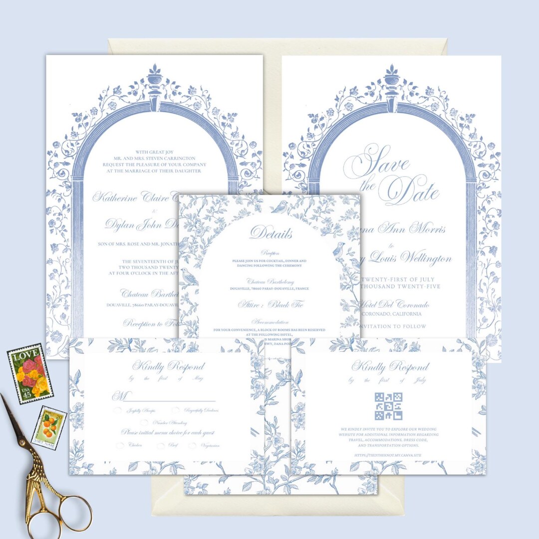 Editable Blue Chateau Core Wedding Invitation Suite Canva Template ...