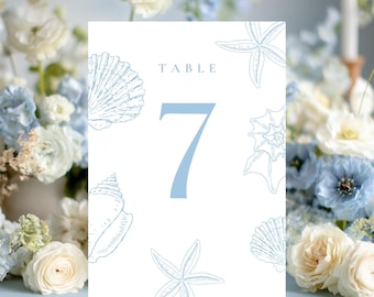 Editable Coastal Blue Seashells Table Numbers Canva Template, Printable Beach Wedding Reception Small Table Sign, SS