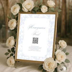 Modèle modifiable de toile de signalisation de mariage de fonds de lune de miel de toile bleue, signe de code QR d'application d'argent comptant imprimable personnalisée pour la réception, douche nuptiale