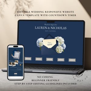 May include: A laptop and smartphone display a wedding website template. The laptop screen shows a navy blue design with the names "LAUREN & NICHOLAS" and "Click to RSVP." The smartphone mirrors the design. Text includes "EDITABLE WEDDING RESPONSIVE WEBSITE" and "NO CODING."