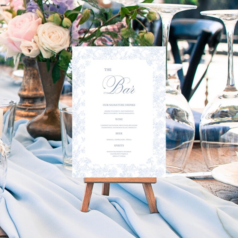Editable Wedding Reception Bar Menu Canva Template, Printable Blue Toile Drinks Menu for Baby Shower, Bridal Shower, Rehearsal Dinner