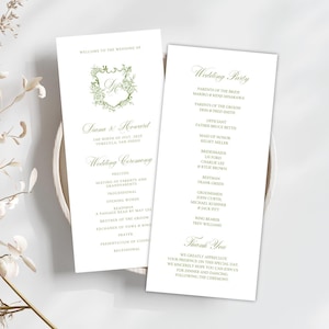 May include: Two elegant wedding ceremony programs. The left program features the names "Liana & Howard" and wedding details, with a floral crest. The right program lists the wedding party and a thank you message. The programs are printed in a soft green font.