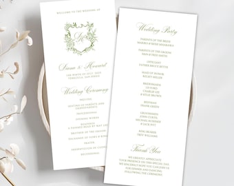 Editable Wedding Program Card Canva Template, Elegant Green Monogram Crest (Digital Download) F1