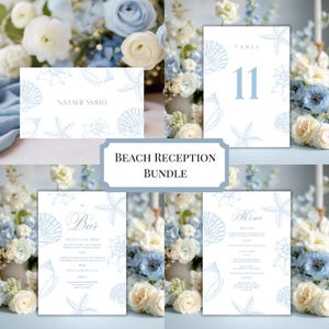 May include: A beach-themed wedding reception bundle including a place card, table number, bar menu, and dinner menu. Each card has a white background with light blue seashell and starfish illustrations. The text "Beach Reception Bundle" is displayed.