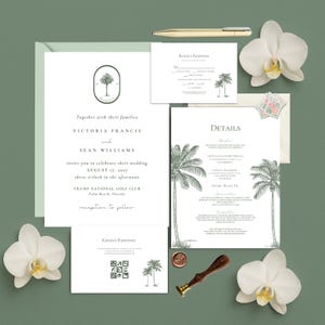 Conjunto de convites de casamento com palmeiras, conjunto de convites editáveis para casamento na praia, conjunto de convites para recepção de casamento tropical para impressão, P1