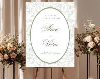 Editable Green Toile Wedding Welcome Sign Canva Template, Printable Chinoiserie Wedding Reception Large Sign, Elegant Ceremony Signage, F2