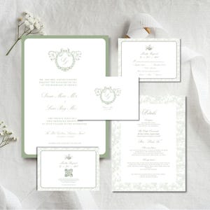 Bewerkbare salie groen monogram kuif bruiloft uitnodiging canva sjabloon, vintage Franse toile bruiloft uitnodigingssuite, klassieke bruiloft uitnodigingsset, F4