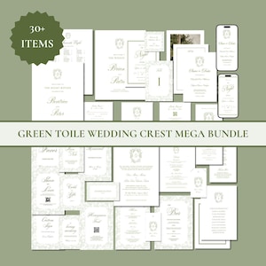 Editable Green Toile Monogram Crest Wedding Mega Bundle Canva Template, Custom Printable Classic Chinoiserie Wedding Essentials Bundle, C1