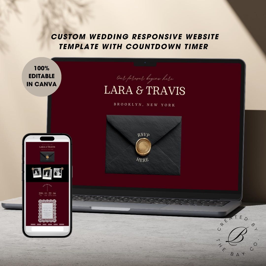 Editable Countdown Timer Wedding Website Canva Template, Burgundy Black ...
