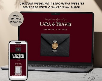 Editable Countdown Timer Wedding Website Canva Template, Burgundy Black Lace Responsive Wedding Invite Web page